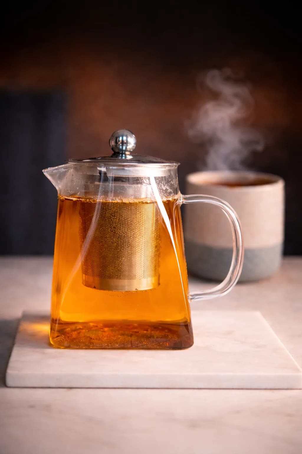 Infusion en train d'infuser dans une théière en verre